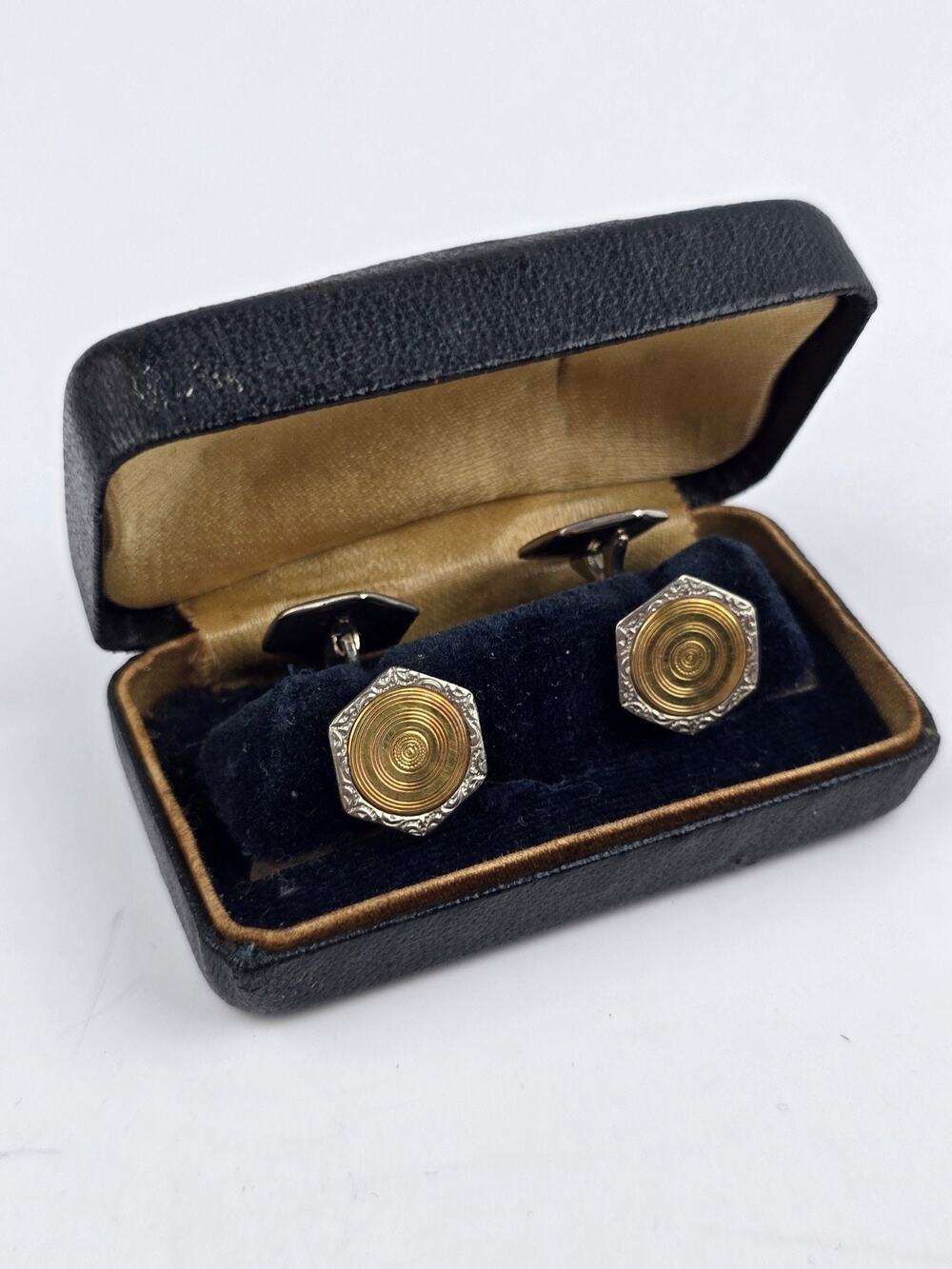 Antique Men's Silver & Gold tone Textured Cufflinks in Clamshell box